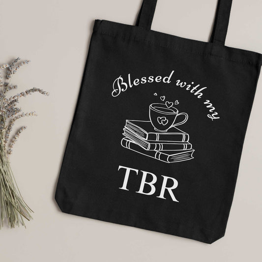 'Blessed with My TBR' Bookish Gift Tote – stylish black canvas bag for bibliophiles.
