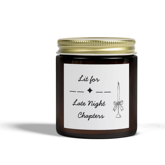 Candle jar with a gold lid and a label 'Lit for Late night Chapters' on a white background - cozy reading nook decor and gift for readers.