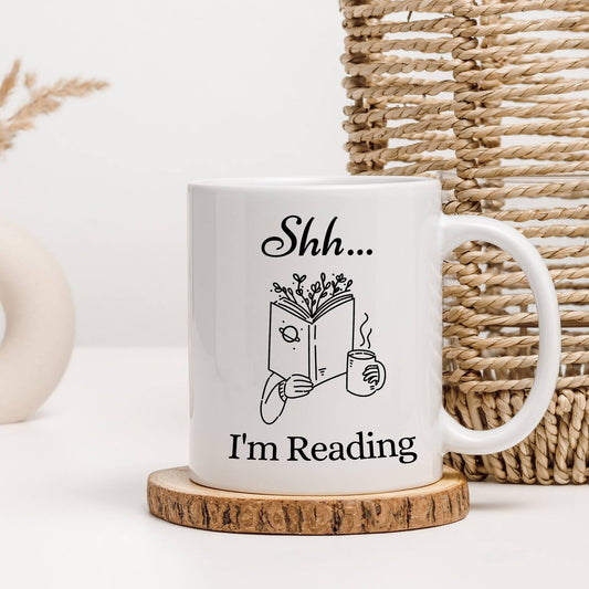 White ceramic book club coffee mug with "Shh... I’m Reading" text — cute literary coffee mug, 11oz.