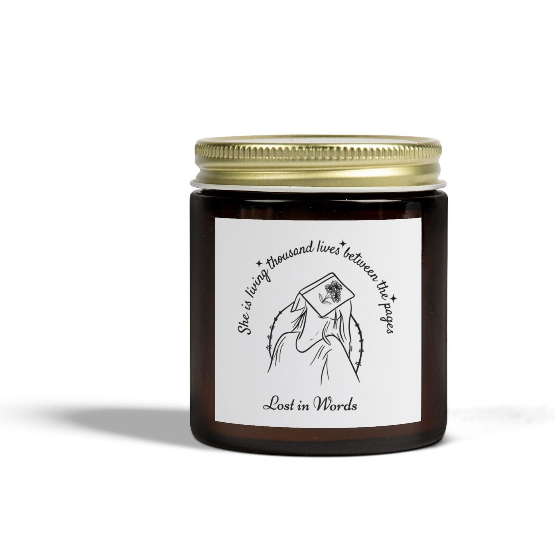 'She is living thousand lives between the pages, Lost in Words' scented candle – aesthetic bookish home decor for bookworms, 4oz.