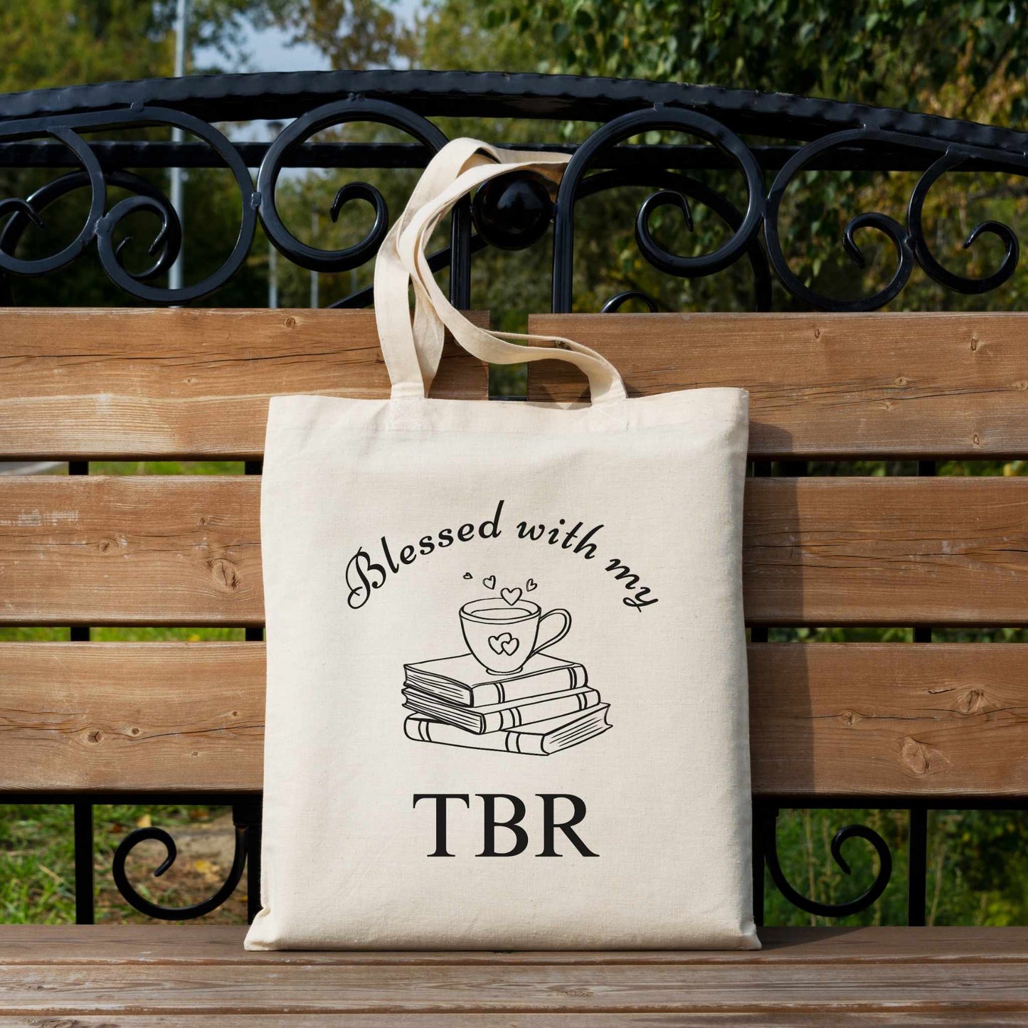 Book Lover Shoulder Bag - 'Blessed with My TBR' canvas tote, perfect bookworm gift.