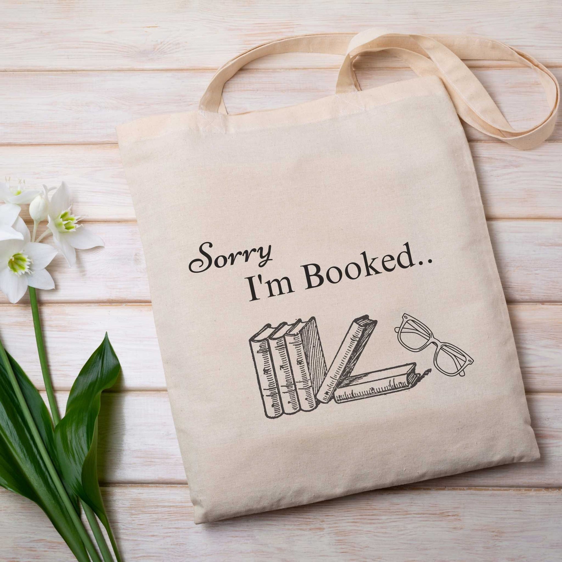 Bookish tote bag – 'Sorry I’m Booked' natural canvas bag, aesthetic reusable tote for readers and teachers.