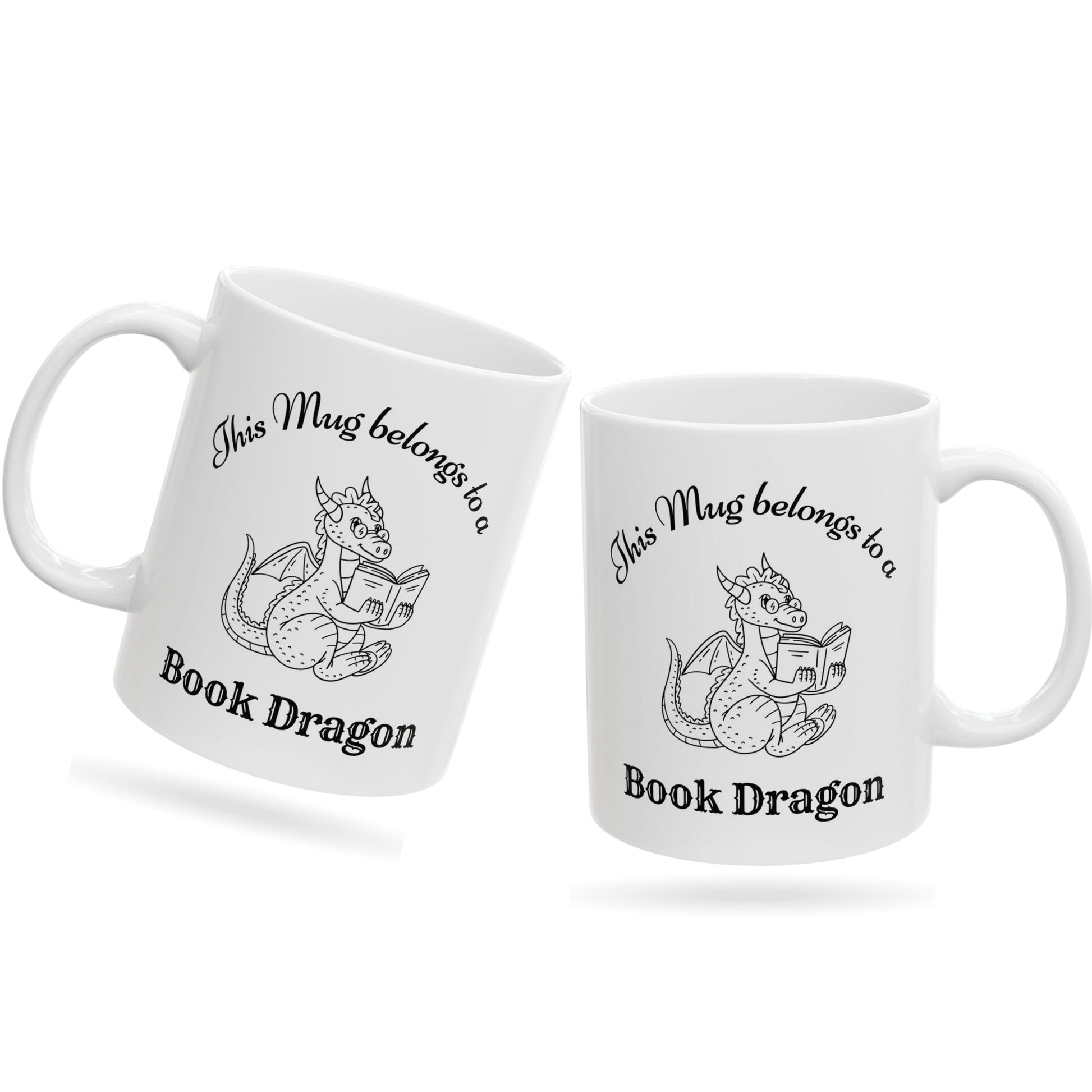 Two white mugs with a design of a dragon reading a book and text 'This Mug belongs to a Book Dragon' on a white background.