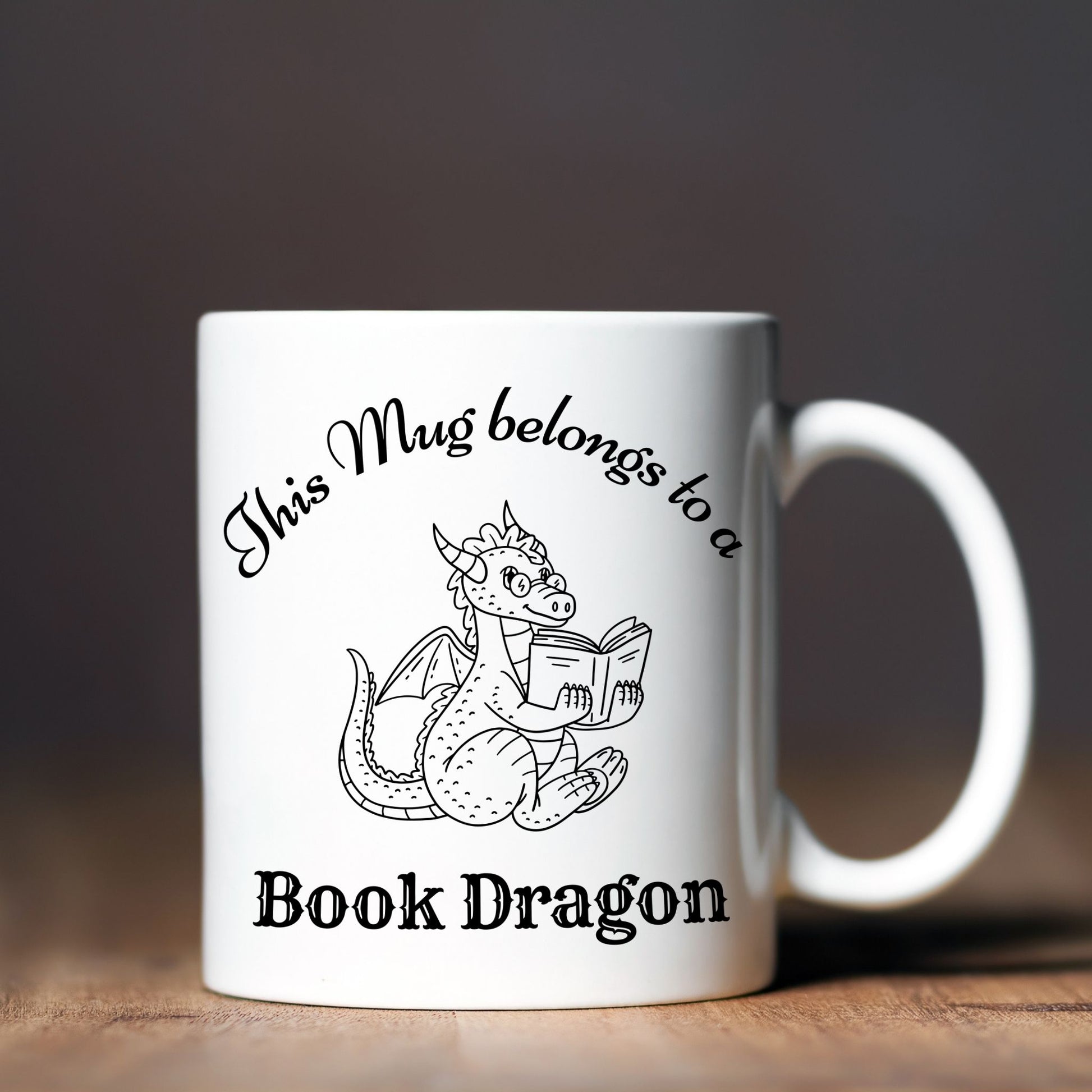 Fantasy Lover Mug – white ceramic cup with dragon bookish design, perfect gift for bookworm, reader, or library fan.