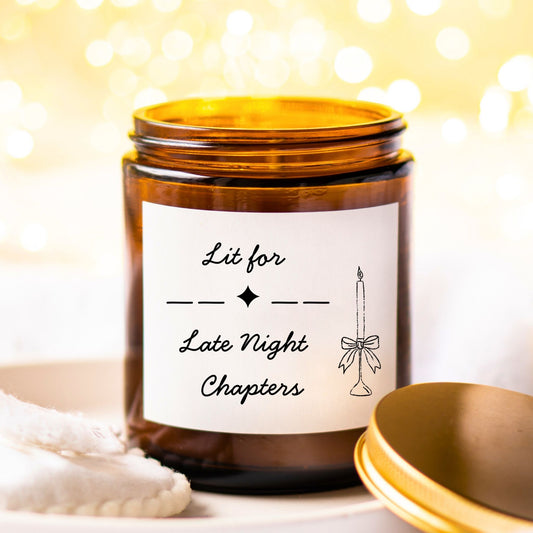 Amber jar book lover candle with “Lit for Late Night Chapters” design – cozy reading nook decor gift for readers.