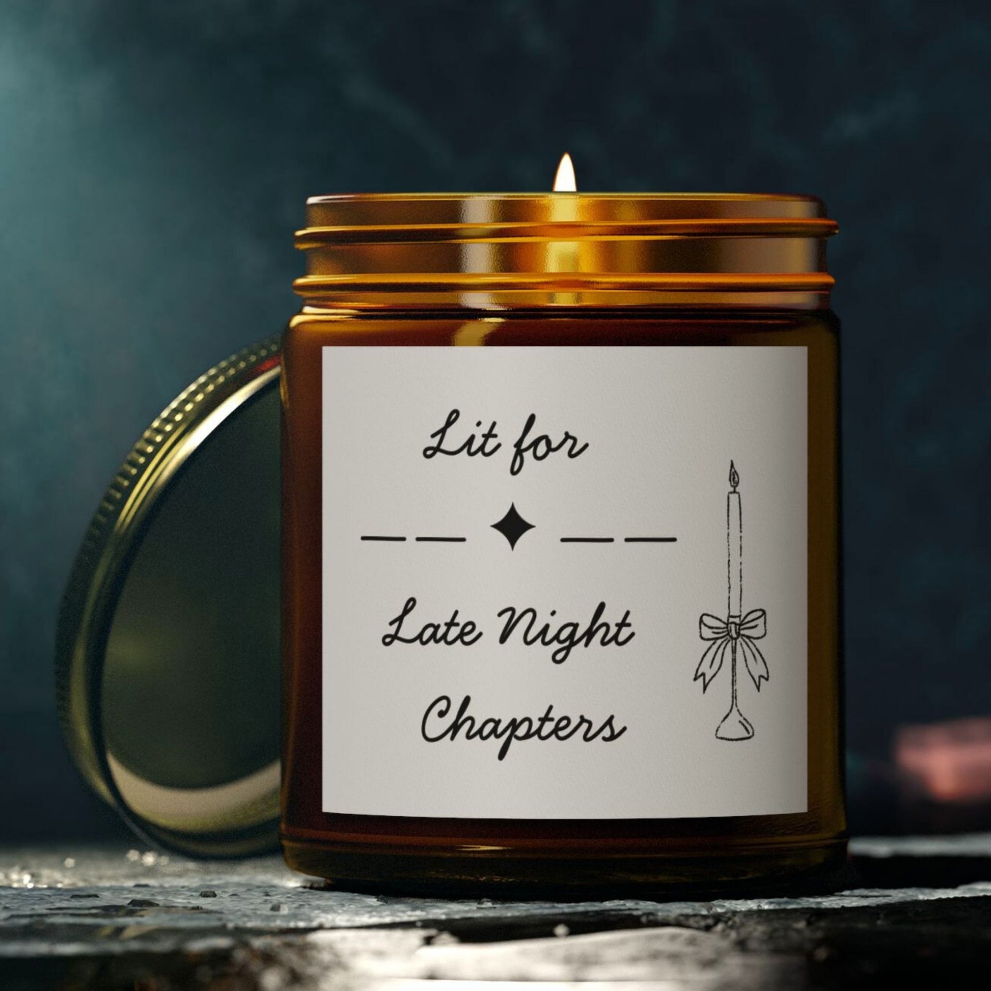 Book lover candle with literary quote design "Lit for Late Night Chapters" – scented soy amber jar, gift for bibliophiles and bookworms.