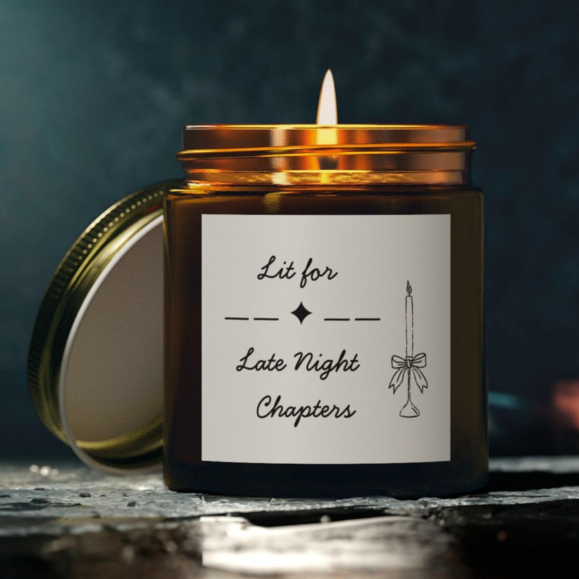Amber jar book lover candle with “Lit for Late Night Chapters” design – cozy reading nook decor gift for readers.