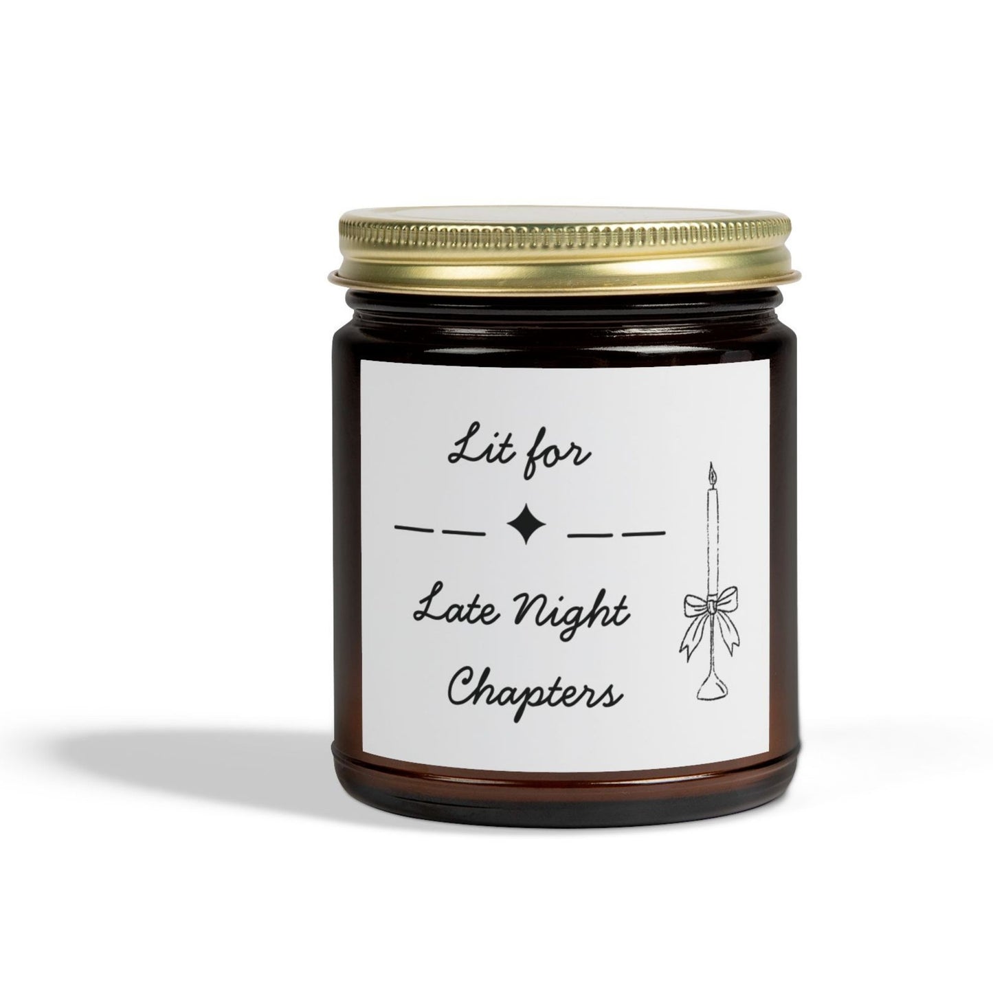 Candle in a jar with a label 'Lit for Late Night Chapters' on a white background - Gift for bookworms.