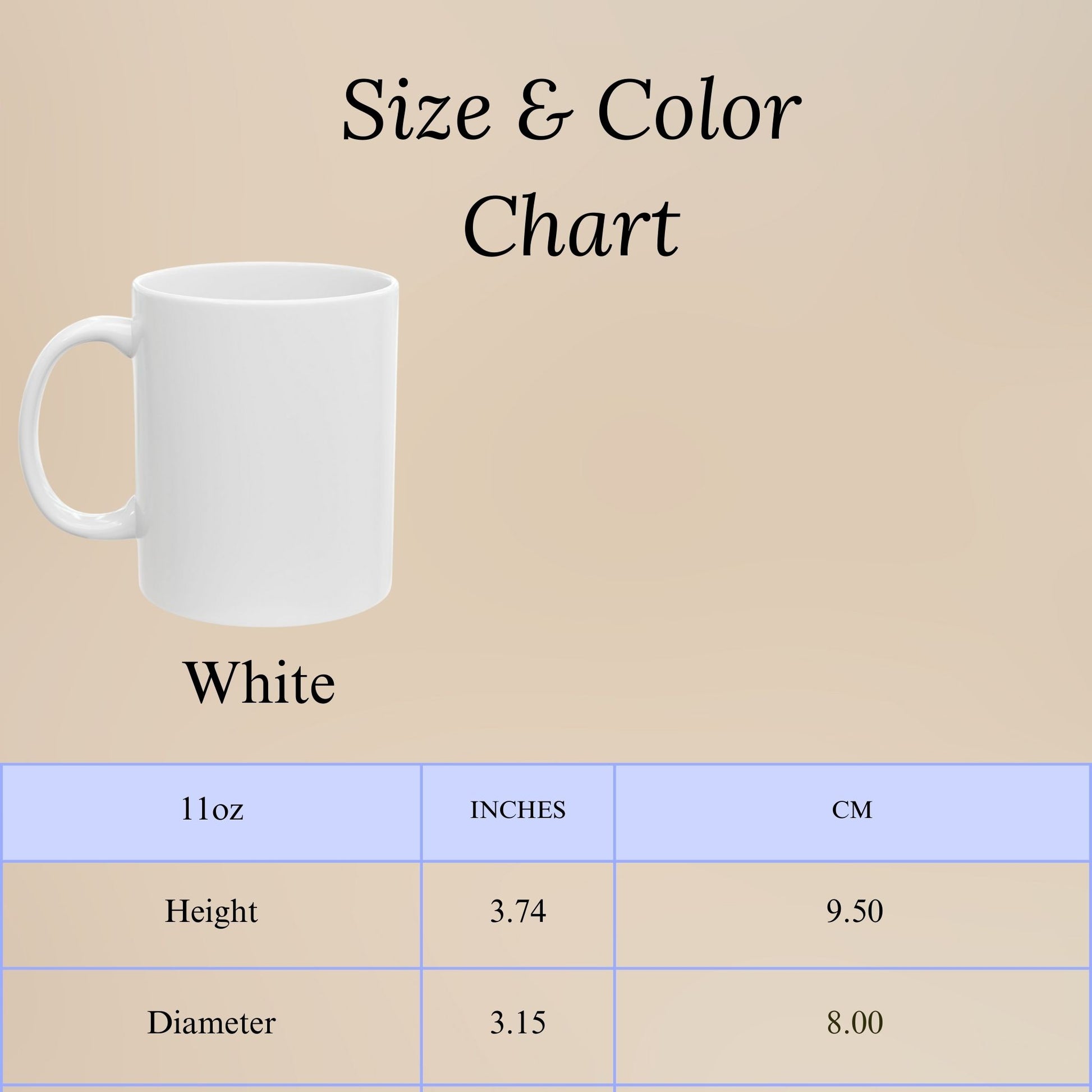 White mug with size and color chart on a beige background.