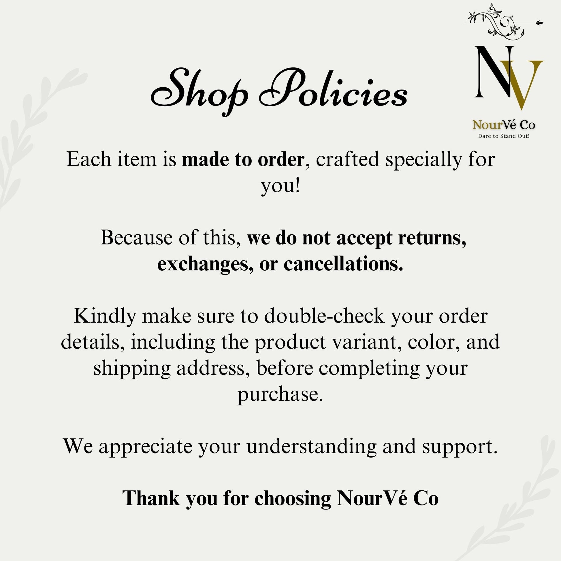 Shop policies text with NourVé Co logo on a white background.