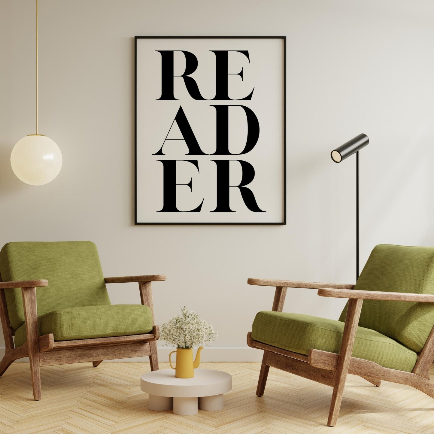 'READER' framed picture on the wall, inspirational reader typography – stylish home office decor.