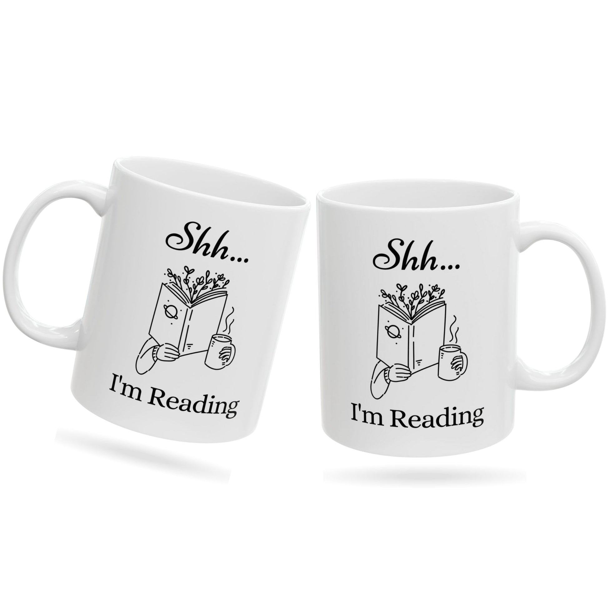 Two white mugs with 'Shh... I'm Reading' text and book illustrations on a white background.