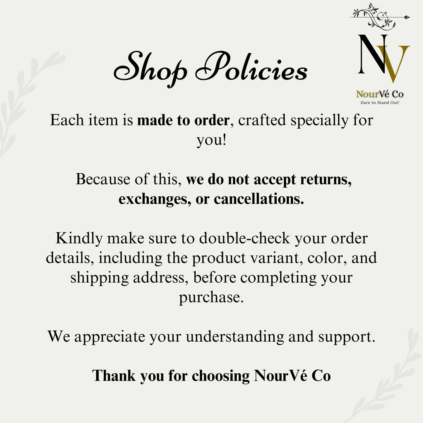 Shop policies text with NourVé Co logo on a white background.