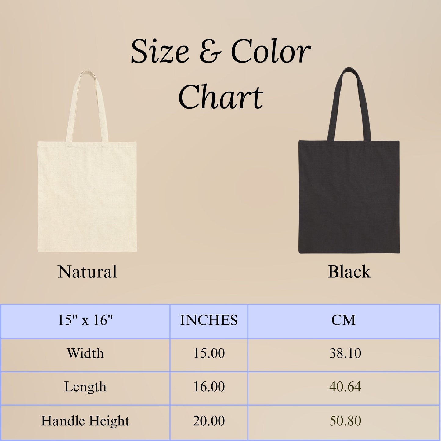 Size and color chart for natural and black tote bags with dimensions.
