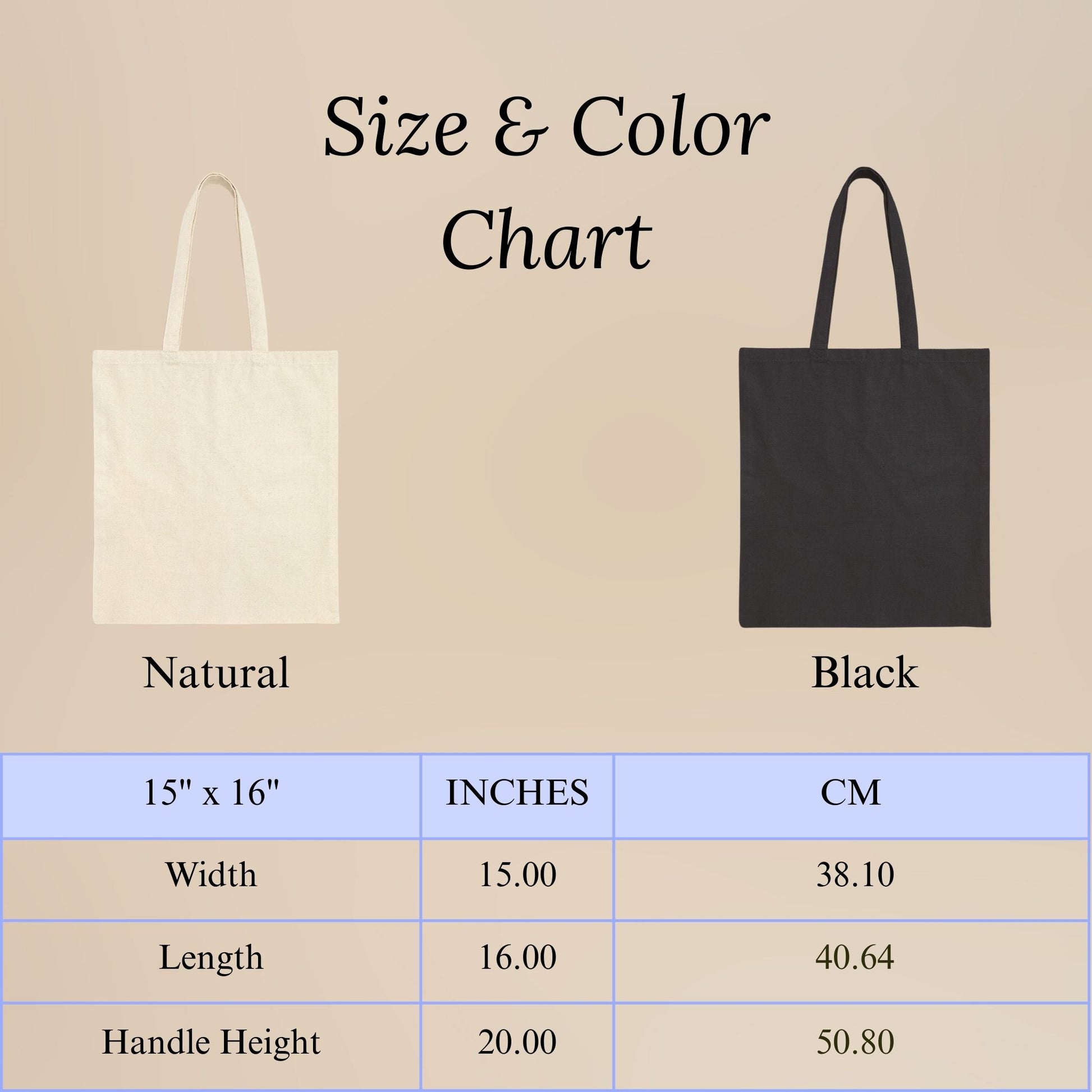 Size and color chart for natural and black tote bags with dimensions.