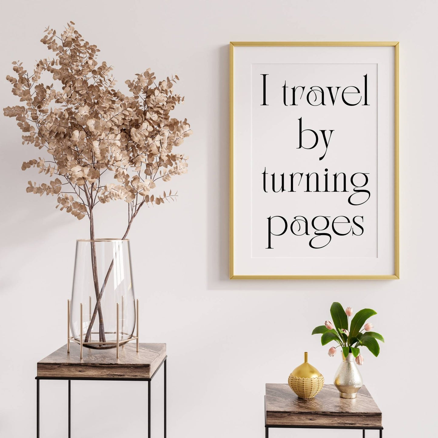 Bookish Wall Art –'I travel by turning pages' inspirational quote print for reading nook, library, or study room, gift for book lovers and teachers.