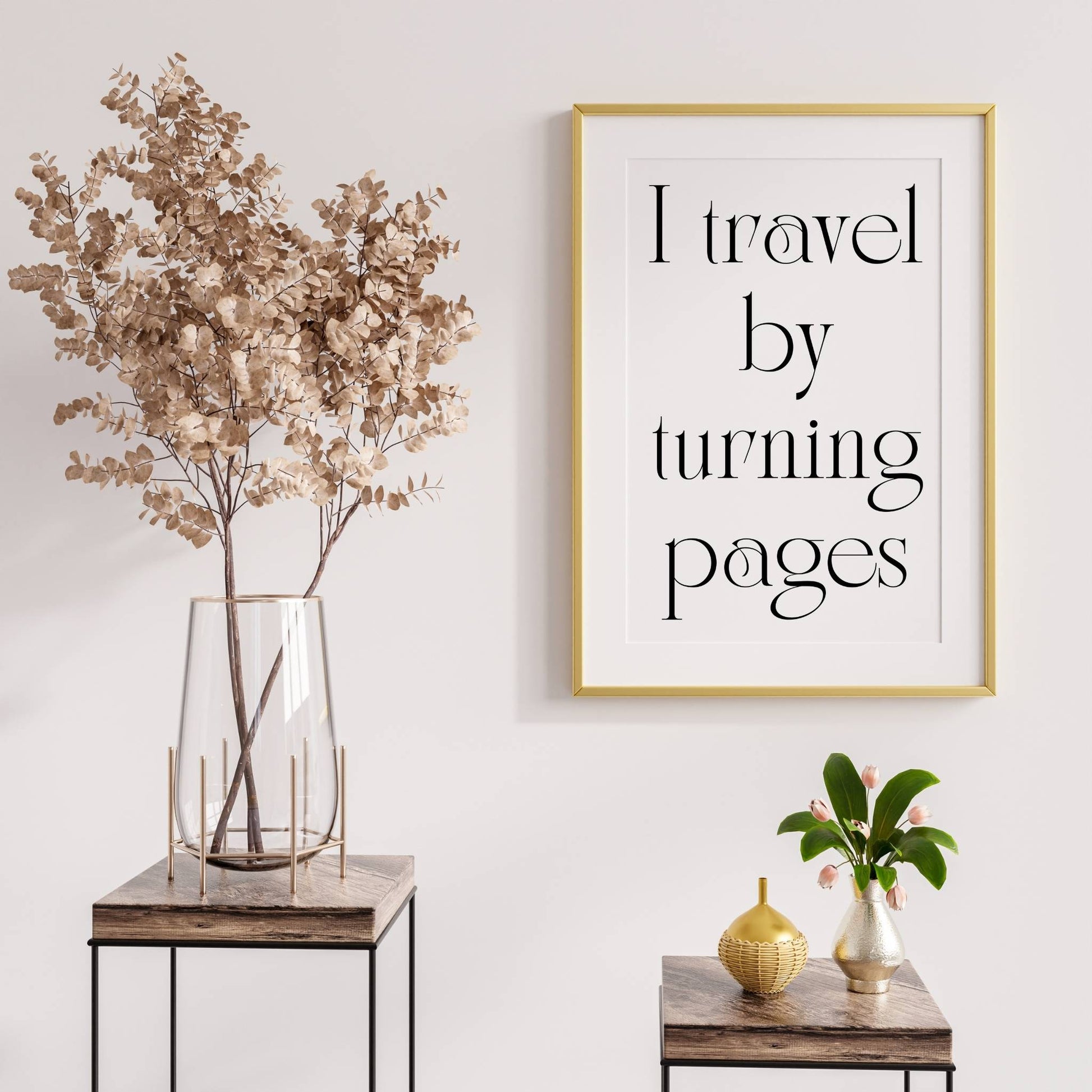 Bookish Wall Art –'I travel by turning pages' inspirational quote print for reading nook, library, or study room, gift for book lovers and teachers.