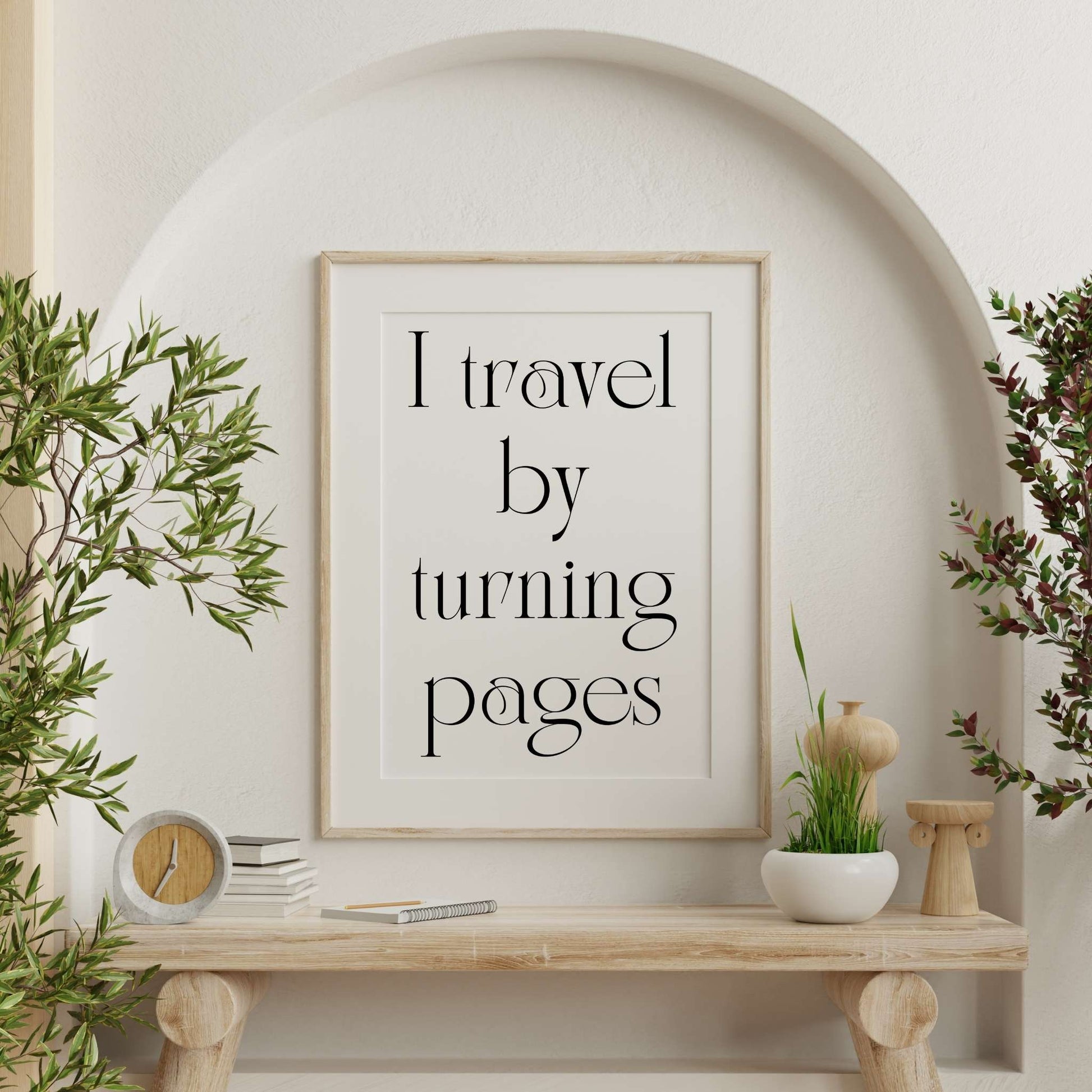 'I travel by turning pages' printable wall art, Cozy bookish home library wall decor art print.