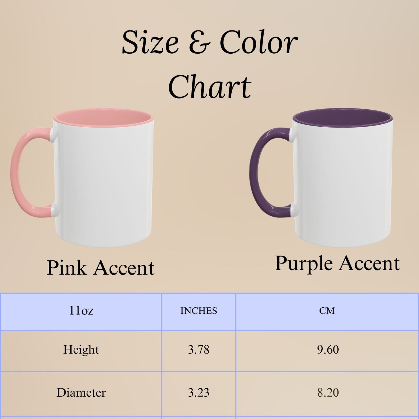Size and color chart for mugs with pink and purple accents on a beige background