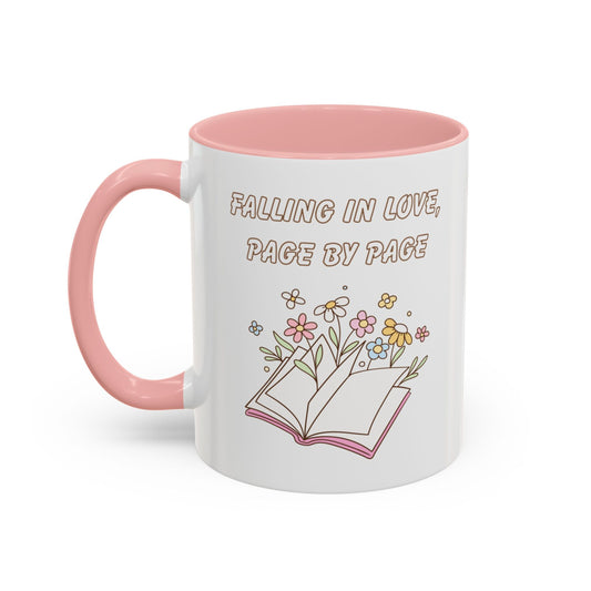 Bookish coffee mug pink accent – 'Falling in Love, Page by Page' with floral book illustration, left view on a white bachground - Gift for reader.