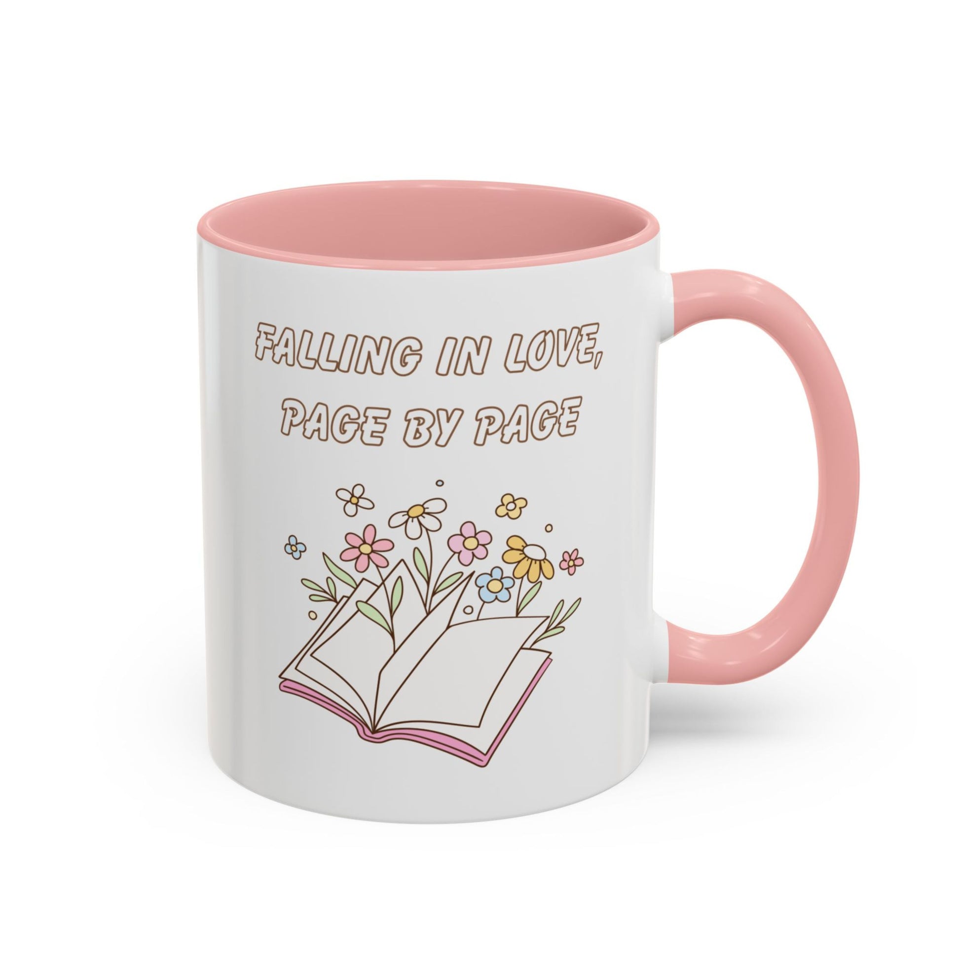 Bookish coffee mug pink accent – 'Falling in Love, Page by Page' design with floral book illustration, right side view on a white background.