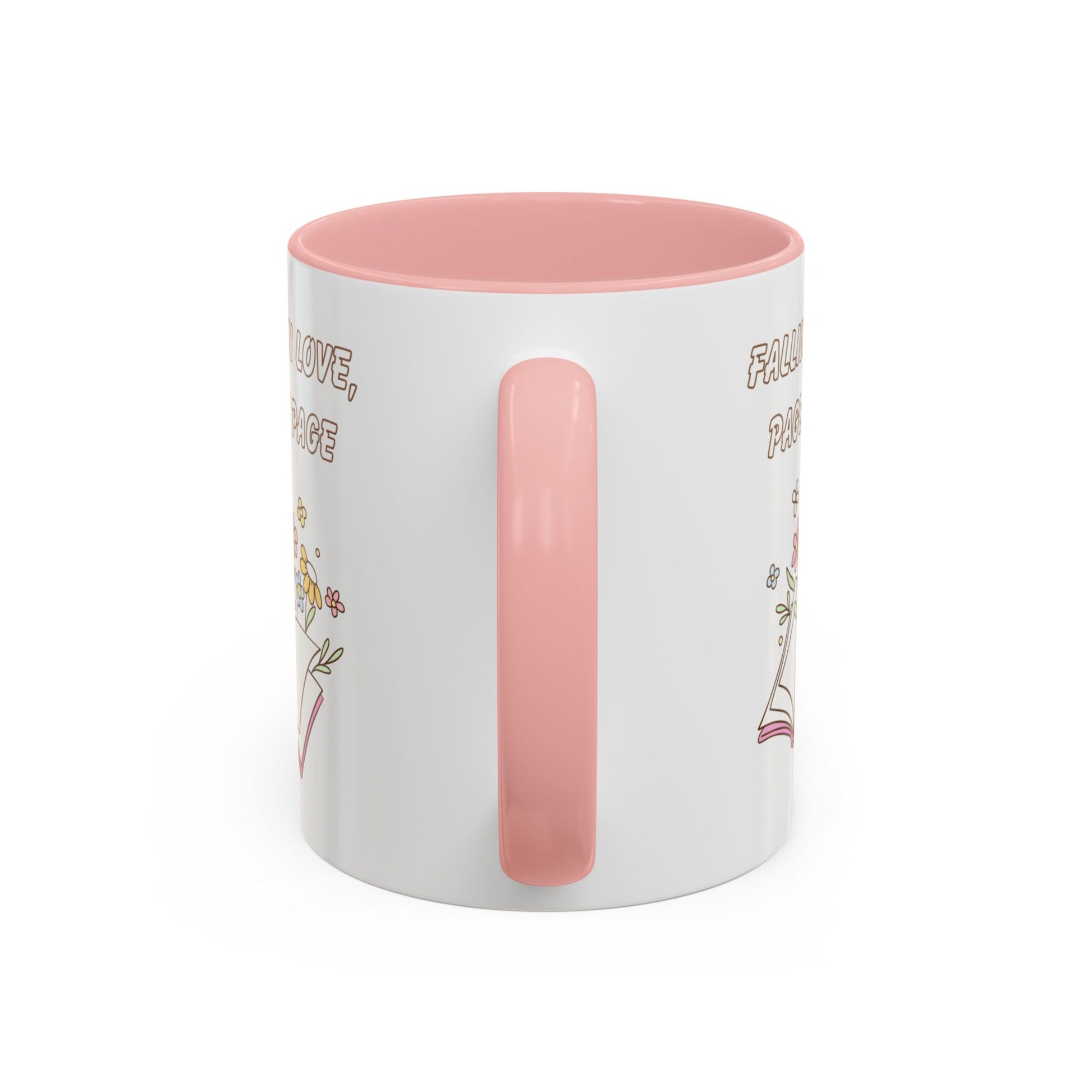 Bookish coffee mug pink accent – literary gift mug, back view with handle on white background.