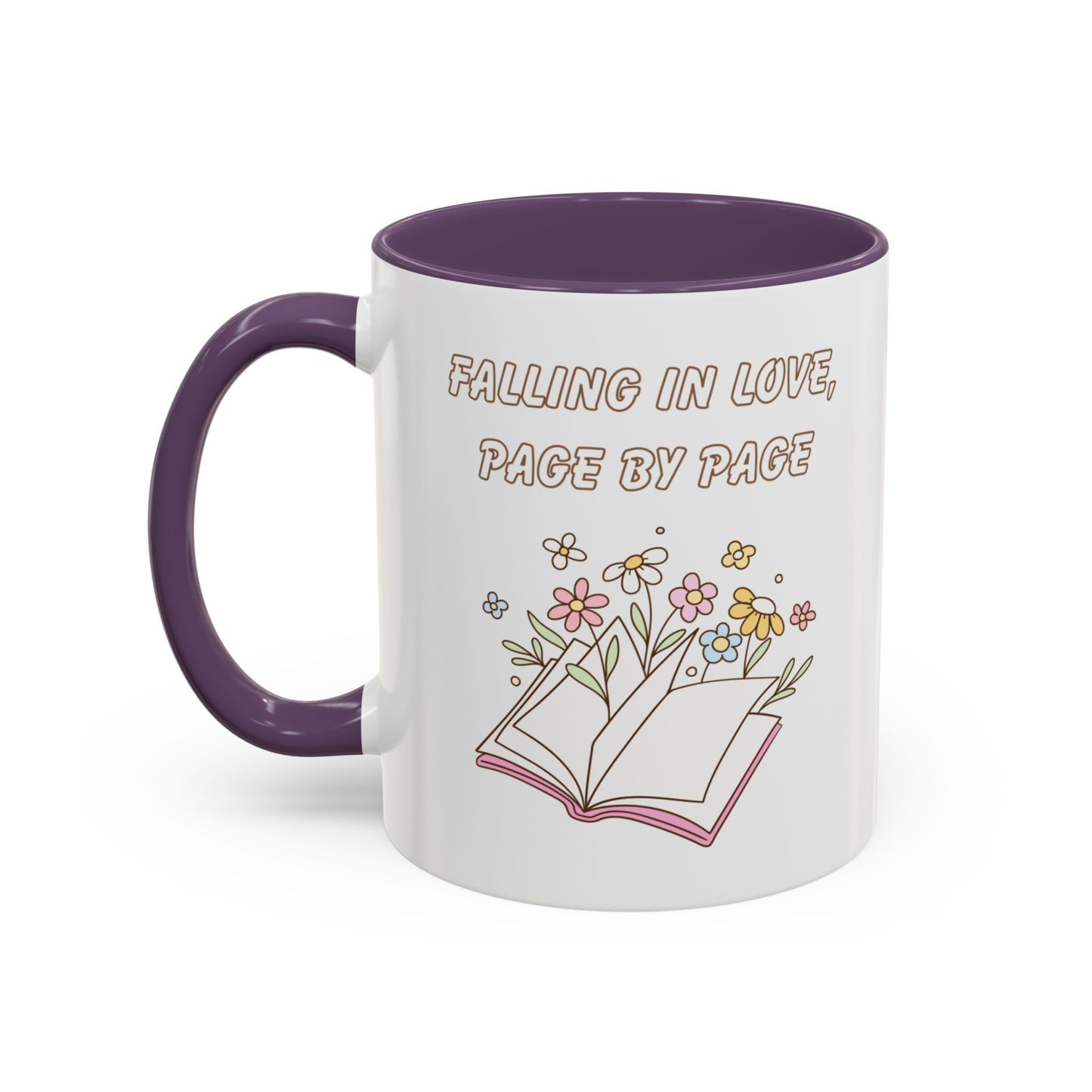 Bookish coffee mug purple accent – 'Falling in Love, Page by Page' floral book mug, left view on white background - cozy reading gift.