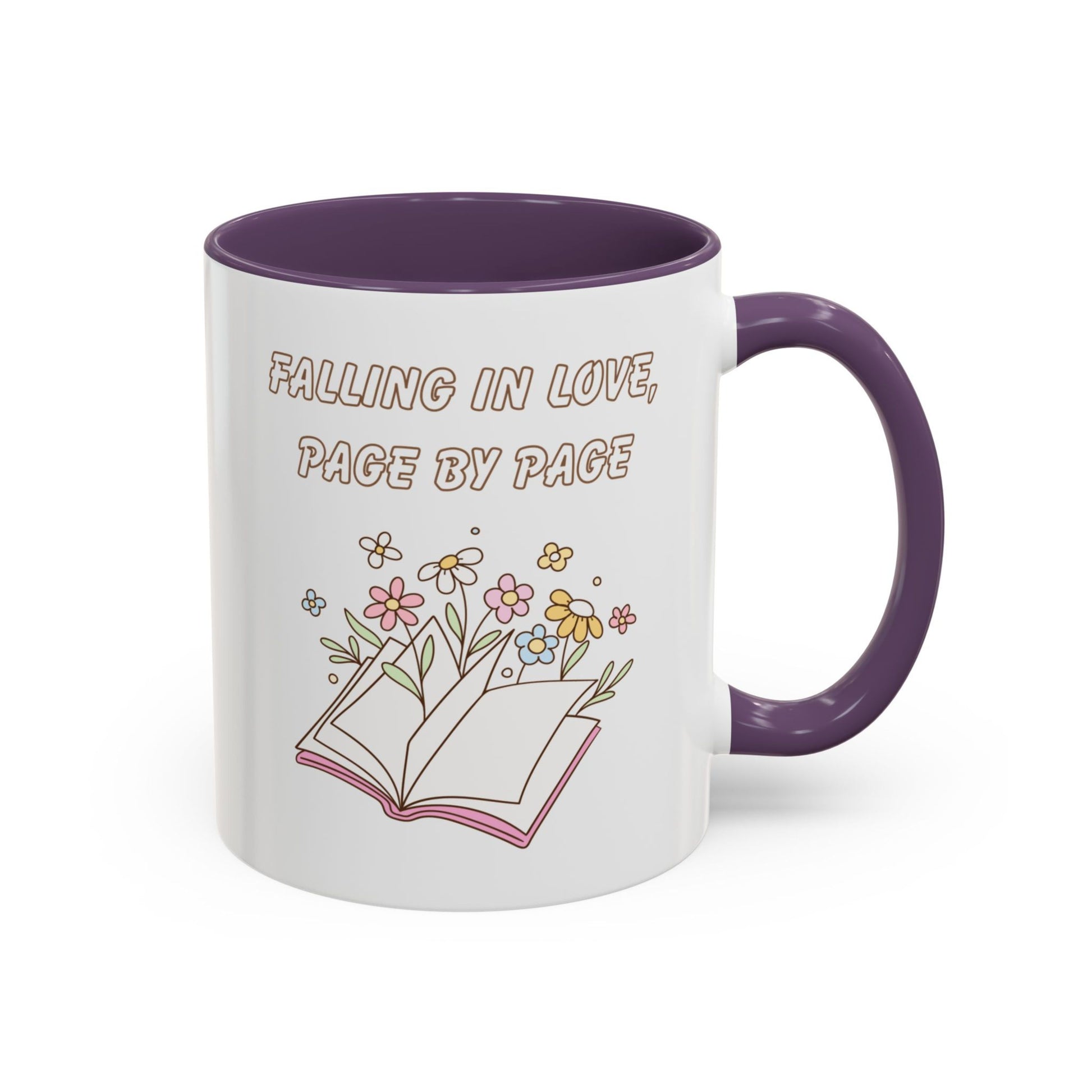 Purple accent mug featuring a book and flowers illustration and text 'Falling in Love, Page by Page', right side view - Bookworm Coffee Cup.