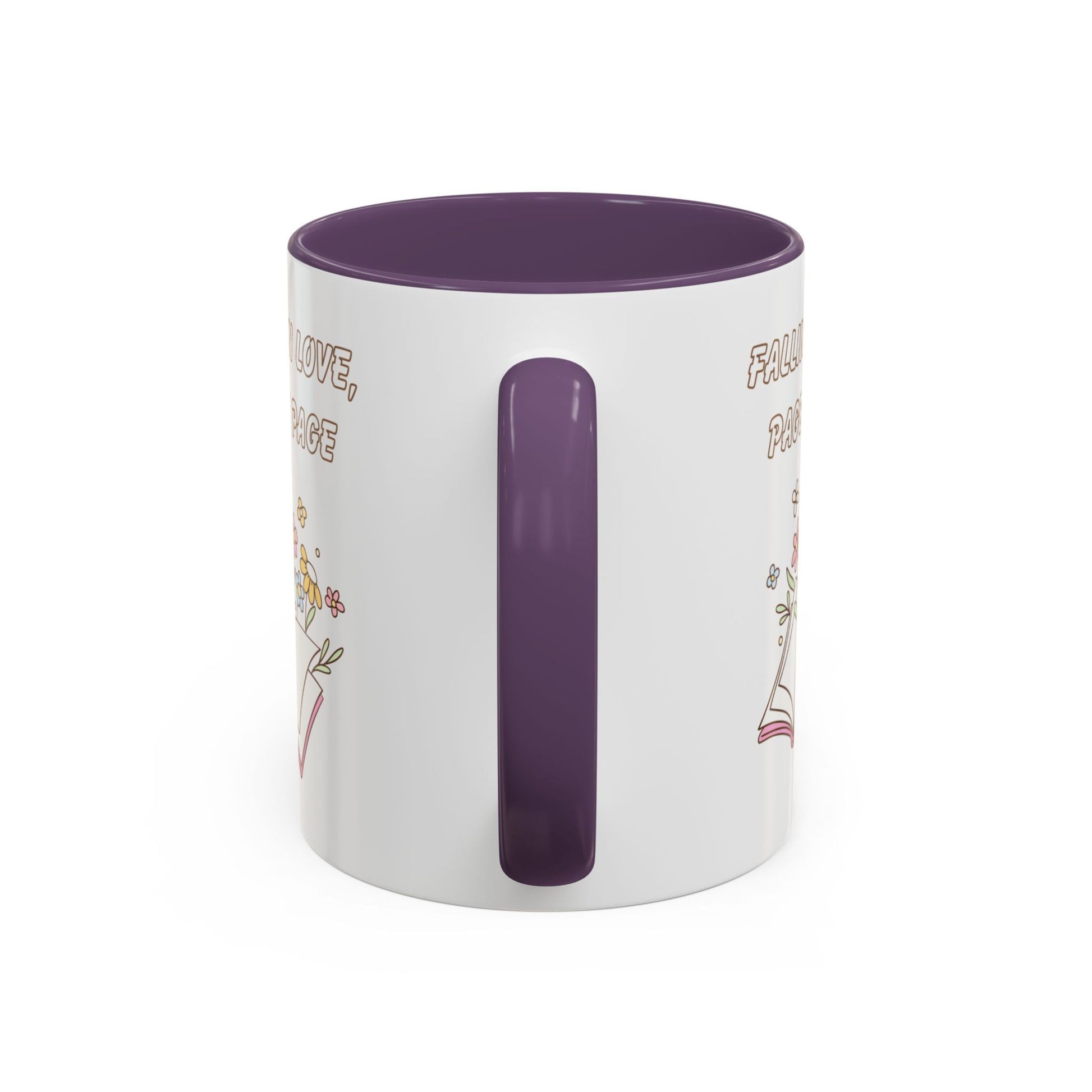 Purple accent mug, featuring text and graphics on a white background - back side view. Bookish coffee mug for readers.