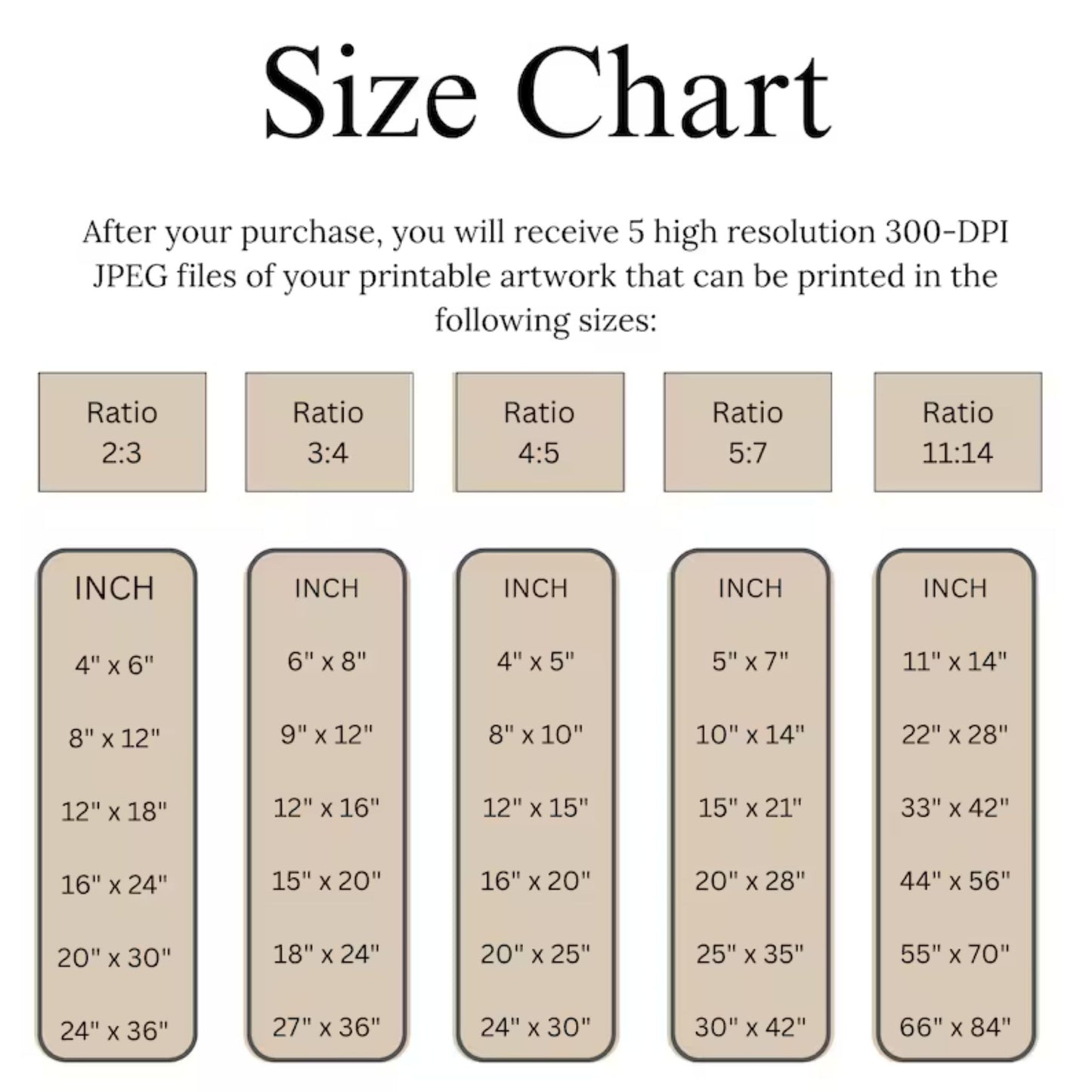 Size chart for printable artwork with various aspect ratios and print sizes.