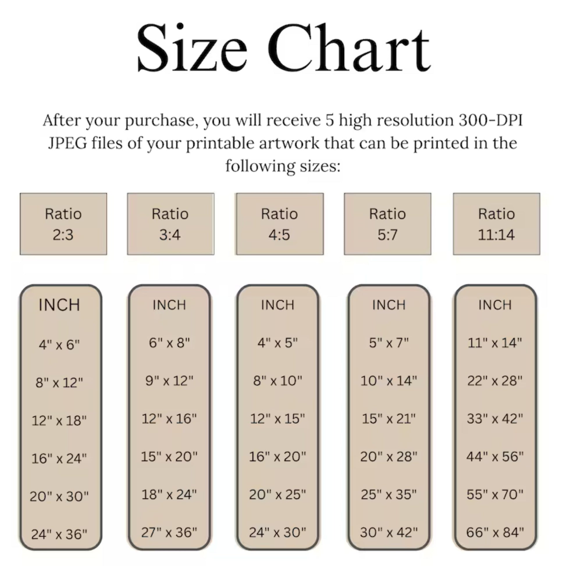 Size chart for printable artwork with various aspect ratios and print sizes.